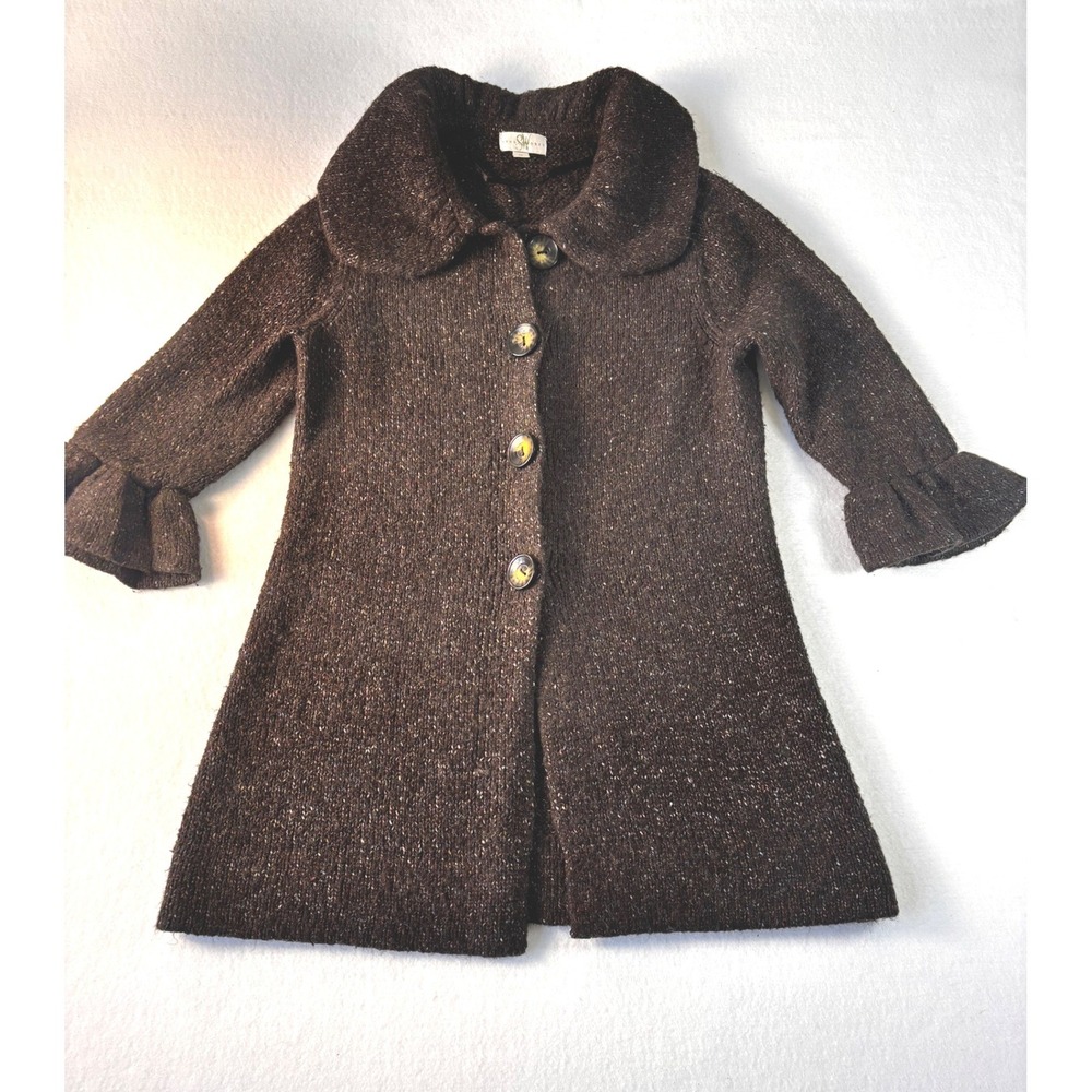 Studio Works Brown‎ Tweed Knit Cardigan Sweater Coat Ruffle Sleeve Womens Medium